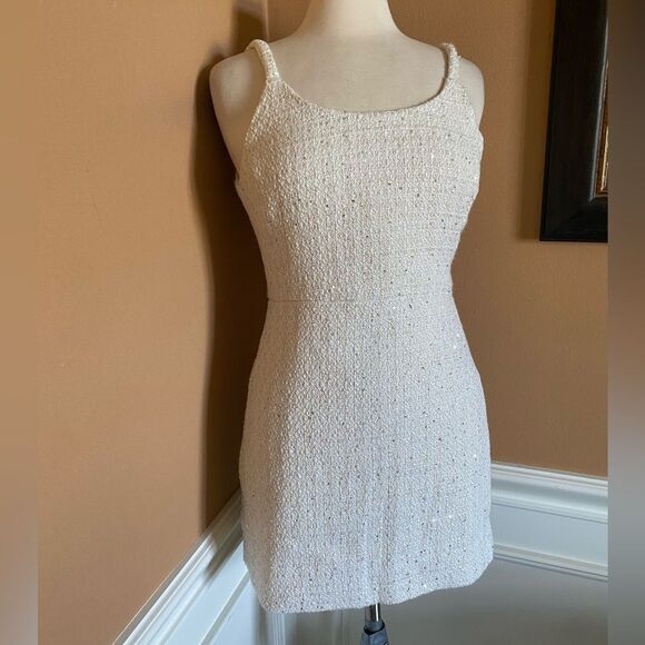 Mango Ivory Tweed Mini Dress Subtle Sequin Strappy Chic M - Picture 6 of 14